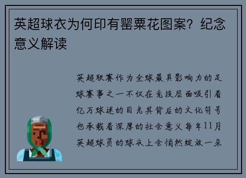 英超球衣为何印有罂粟花图案？纪念意义解读